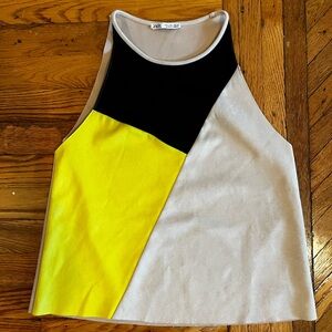 Zara Tri-Tone Suede Tank Top - Black, Yellow, Cream Abstract Geometric Design